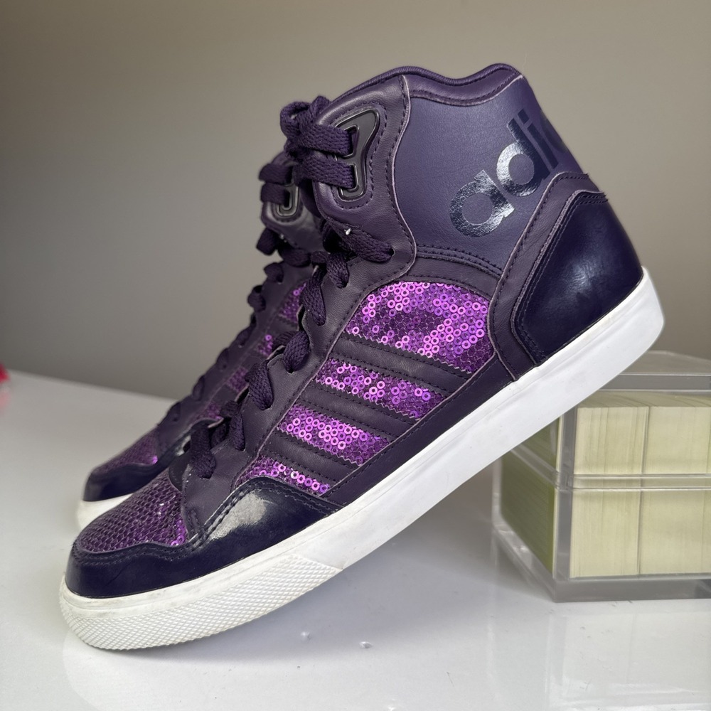 Adidas Extaball High Top Sneakers Womens Shoes US 8 Dark Violet Sequins‎ White